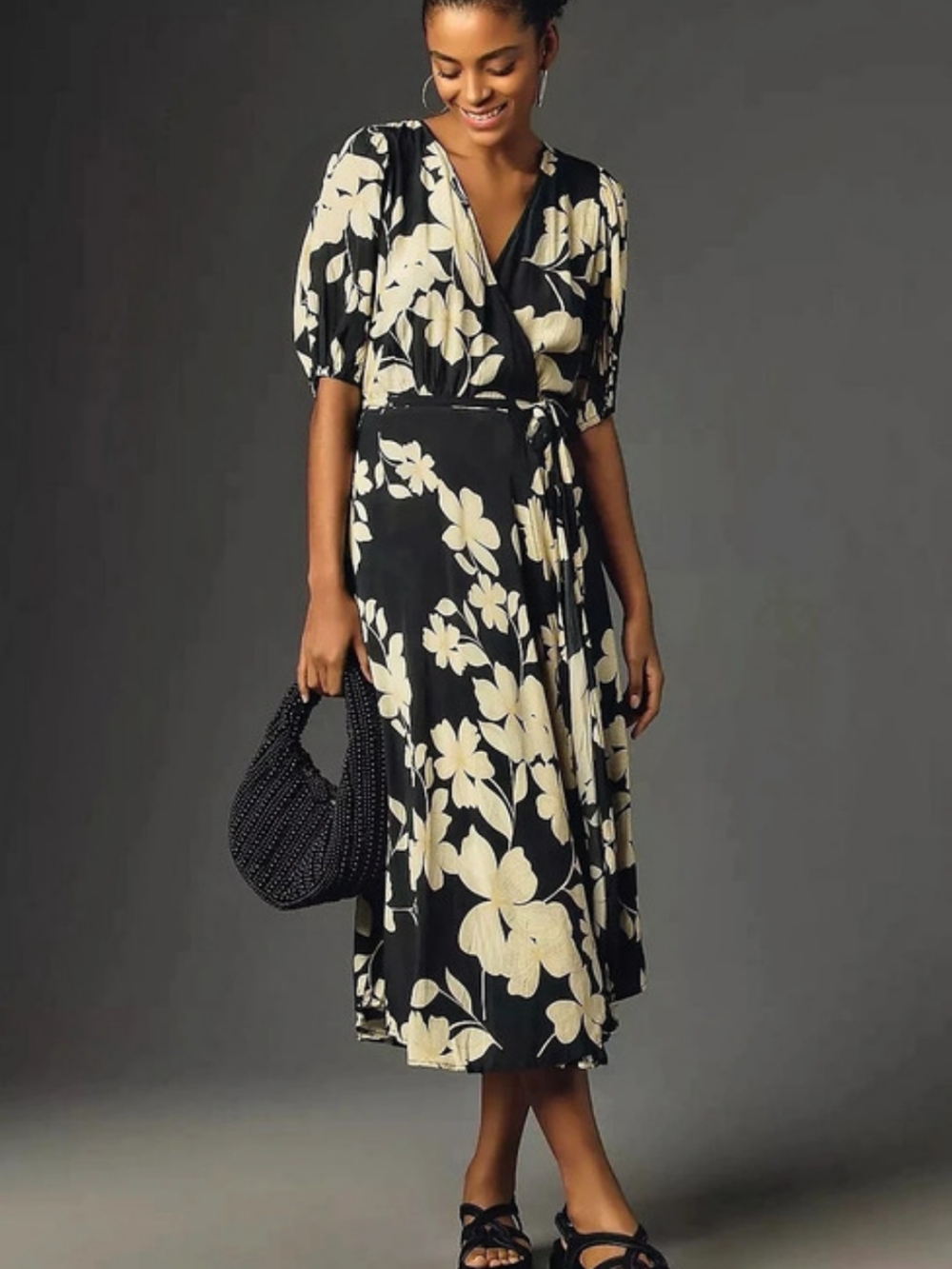 Velvet by Graham & Spencer Floral Wrap Midi Dress in Black & Cream Size Medium